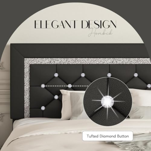 HOMBCK Bed Frame with Diamond Headboard, Faux Leather Upholstered Platform Bed, Mattress Foundation, No Box Spring Needed, Easy Assembly