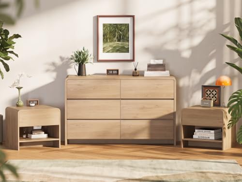 Zenflare 6-Drawer Dresser with 2 Nightstands, 47.3" Wood Chest of Drawers & 20" Farmhouse Side Tables, Boho Bedroom Storage Set with Open Shelves for Bedroom, Light Oak (3-Piece Set)