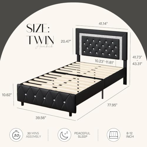 HOMBCK Bed Frame with Diamond Headboard, Faux Leather Upholstered Platform Bed, Mattress Foundation, No Box Spring Needed, Easy Assembly