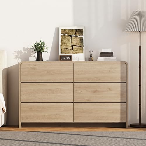 Zenflare 6-Drawer Dresser with 2 Nightstands, 47.3" Wood Chest of Drawers & 20" Farmhouse Side Tables, Boho Bedroom Storage Set with Open Shelves for Bedroom, Light Oak (3-Piece Set)
