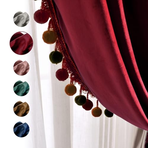 Melodieux Pom Pom Velvet Curtains, 2-Panel Set
