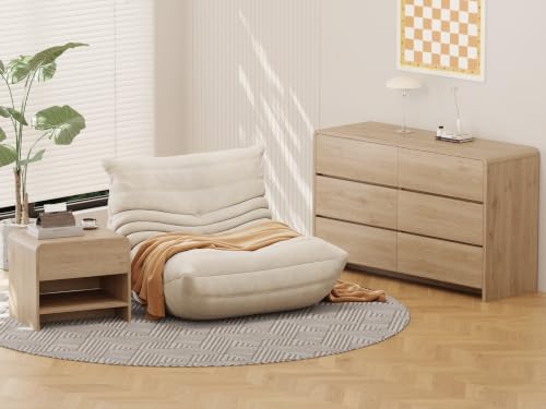 Zenflare 6-Drawer Dresser with 2 Nightstands, 47.3" Wood Chest of Drawers & 20" Farmhouse Side Tables, Boho Bedroom Storage Set with Open Shelves for Bedroom, Light Oak (3-Piece Set)