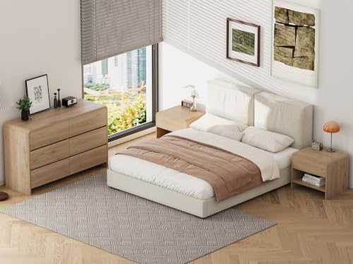 Zenflare 6-Drawer Dresser with 2 Nightstands, 47.3" Wood Chest of Drawers & 20" Farmhouse Side Tables, Boho Bedroom Storage Set with Open Shelves for Bedroom, Light Oak (3-Piece Set)