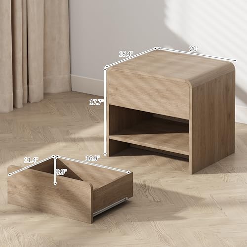 Zenflare 6-Drawer Dresser with 2 Nightstands, 47.3" Wood Chest of Drawers & 20" Farmhouse Side Tables, Boho Bedroom Storage Set with Open Shelves for Bedroom, Light Oak (3-Piece Set)