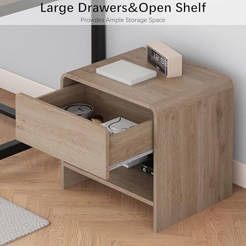 Zenflare 6-Drawer Dresser with 2 Nightstands, 47.3" Wood Chest of Drawers & 20" Farmhouse Side Tables, Boho Bedroom Storage Set with Open Shelves for Bedroom, Light Oak (3-Piece Set)