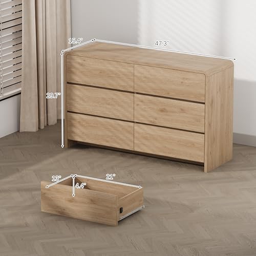Zenflare 6-Drawer Dresser with 2 Nightstands, 47.3" Wood Chest of Drawers & 20" Farmhouse Side Tables, Boho Bedroom Storage Set with Open Shelves for Bedroom, Light Oak (3-Piece Set)