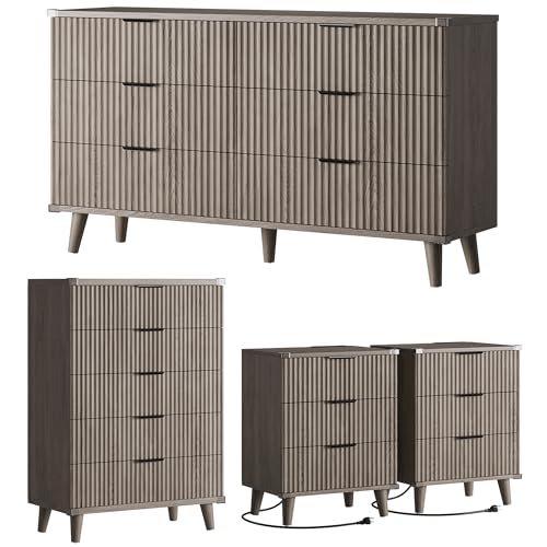 Lulive Wood Black Dresser for Bedroom Fluted Modern Chest of Drawers Storage Organizer