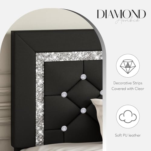 HOMBCK Bed Frame with Diamond Headboard, Faux Leather Upholstered Platform Bed, Mattress Foundation, No Box Spring Needed, Easy Assembly