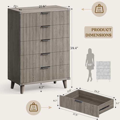 Lulive Wood Black Dresser for Bedroom Fluted Modern Chest of Drawers Storage Organizer