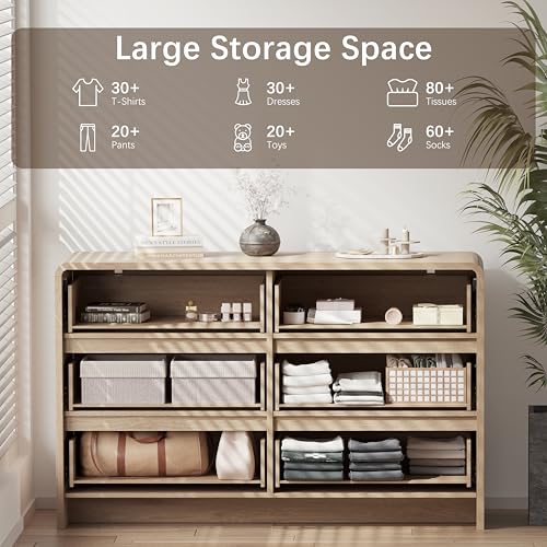 Zenflare 6-Drawer Dresser with 2 Nightstands, 47.3" Wood Chest of Drawers & 20" Farmhouse Side Tables, Boho Bedroom Storage Set with Open Shelves for Bedroom, Light Oak (3-Piece Set)