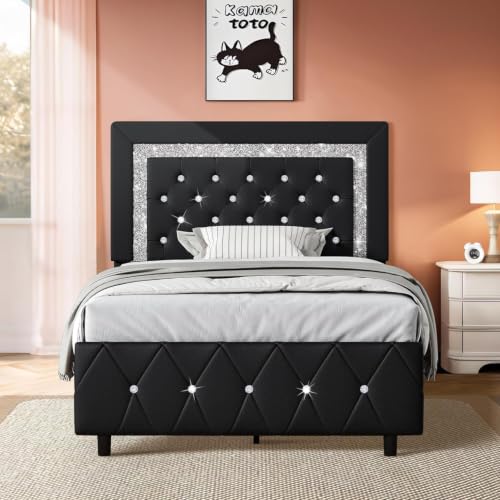 HOMBCK Bed Frame with Diamond Headboard, Faux Leather Upholstered Platform Bed, Mattress Foundation, No Box Spring Needed, Easy Assembly