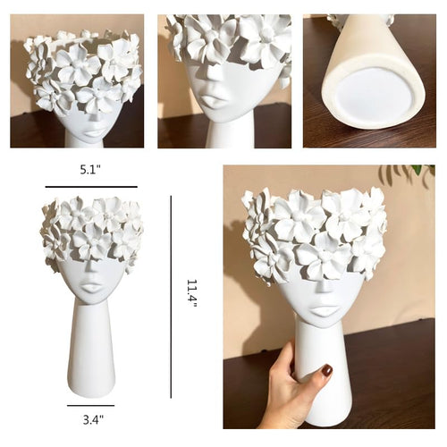 Ceramic Sculpture Female Head Face Flower Vase Decoration, Unique White Centerpiece for Home Decor