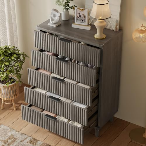 Lulive Wood Black Dresser for Bedroom Fluted Modern Chest of Drawers Storage Organizer