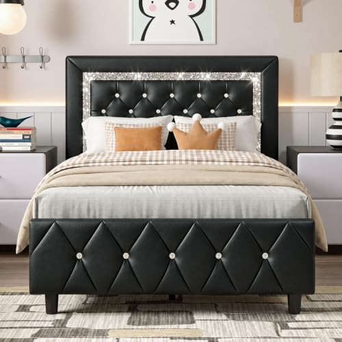 HOMBCK Bed Frame with Diamond Headboard, Faux Leather Upholstered Platform Bed, Mattress Foundation, No Box Spring Needed, Easy Assembly
