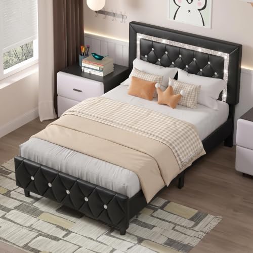 HOMBCK Bed Frame with Diamond Headboard, Faux Leather Upholstered Platform Bed, Mattress Foundation, No Box Spring Needed, Easy Assembly