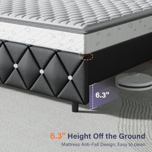 HOMBCK Bed Frame with Diamond Headboard, Faux Leather Upholstered Platform Bed, Mattress Foundation, No Box Spring Needed, Easy Assembly