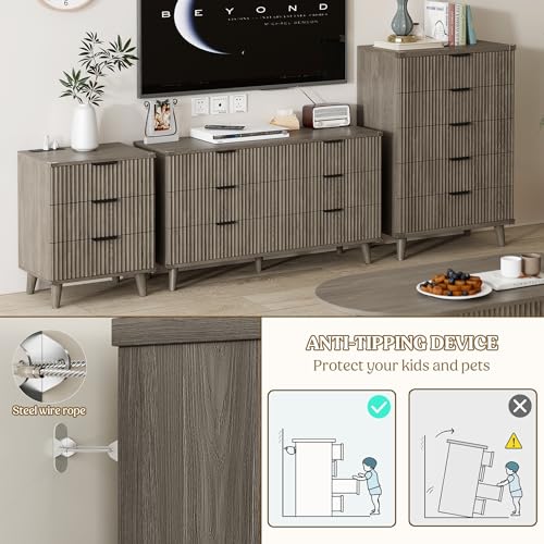 Lulive Wood Black Dresser for Bedroom Fluted Modern Chest of Drawers Storage Organizer