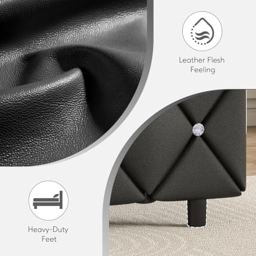 HOMBCK Bed Frame with Diamond Headboard, Faux Leather Upholstered Platform Bed, Mattress Foundation, No Box Spring Needed, Easy Assembly
