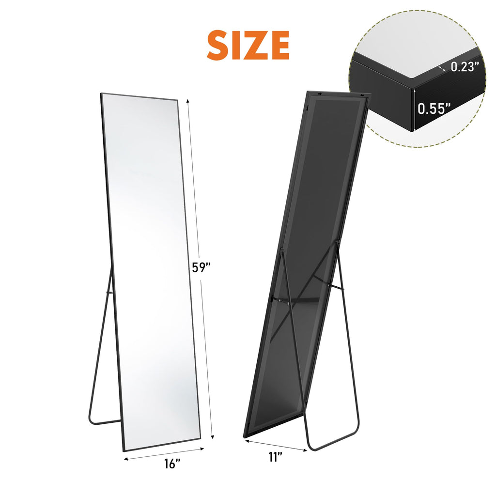 DUMOS Full Length Mirror Body Floor Mirror for Bedroom or Cloakroom, Can Stand Alone, Hang or Lean Against Wall, Tall Wall Mirror with Stand and Sleek Aluminum Alloy Thin Frame