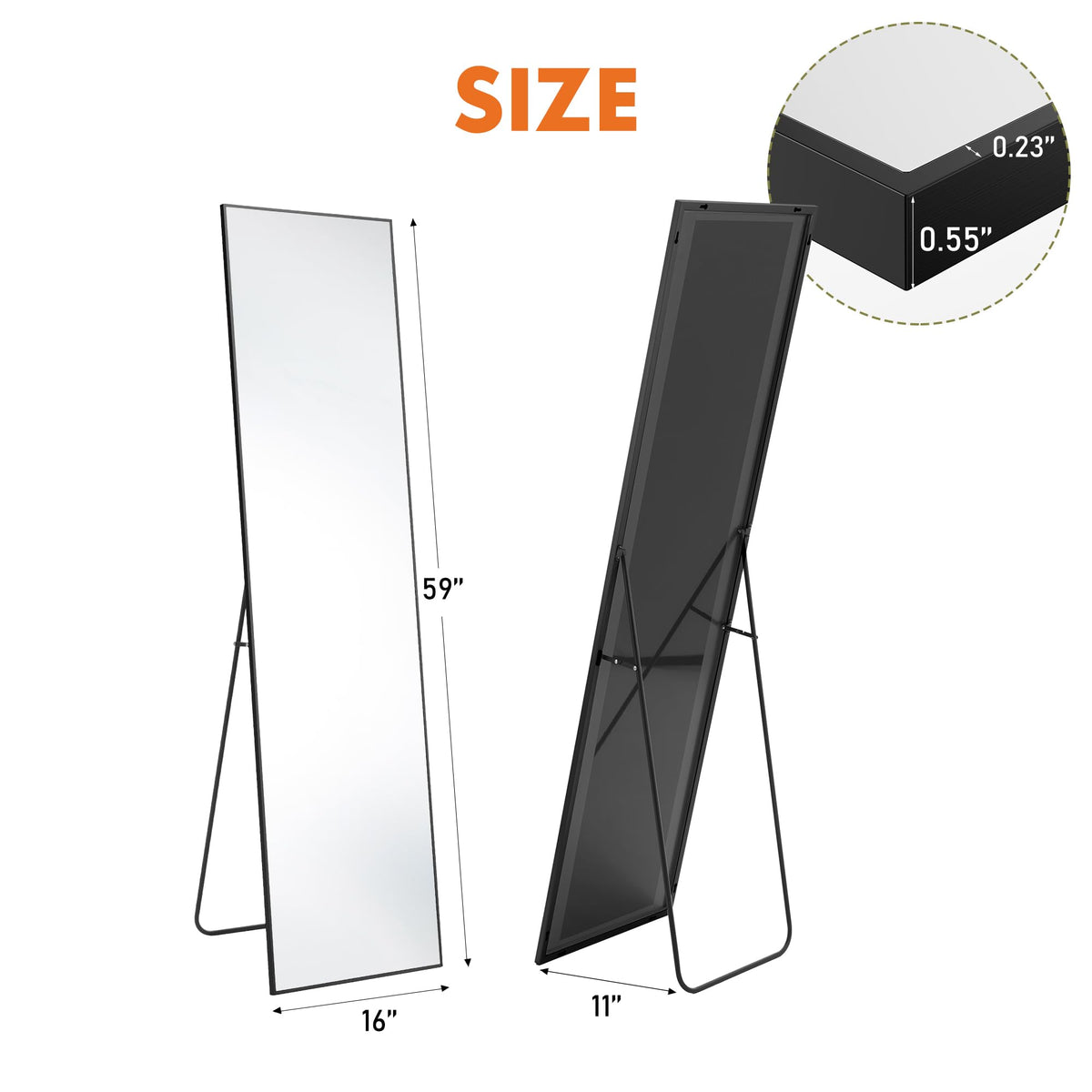 DUMOS Full Length Mirror Body Floor Mirror for Bedroom or Cloakroom, Can Stand Alone, Hang or Lean Against Wall, Tall Wall Mirror with Stand and Sleek Aluminum Alloy Thin Frame