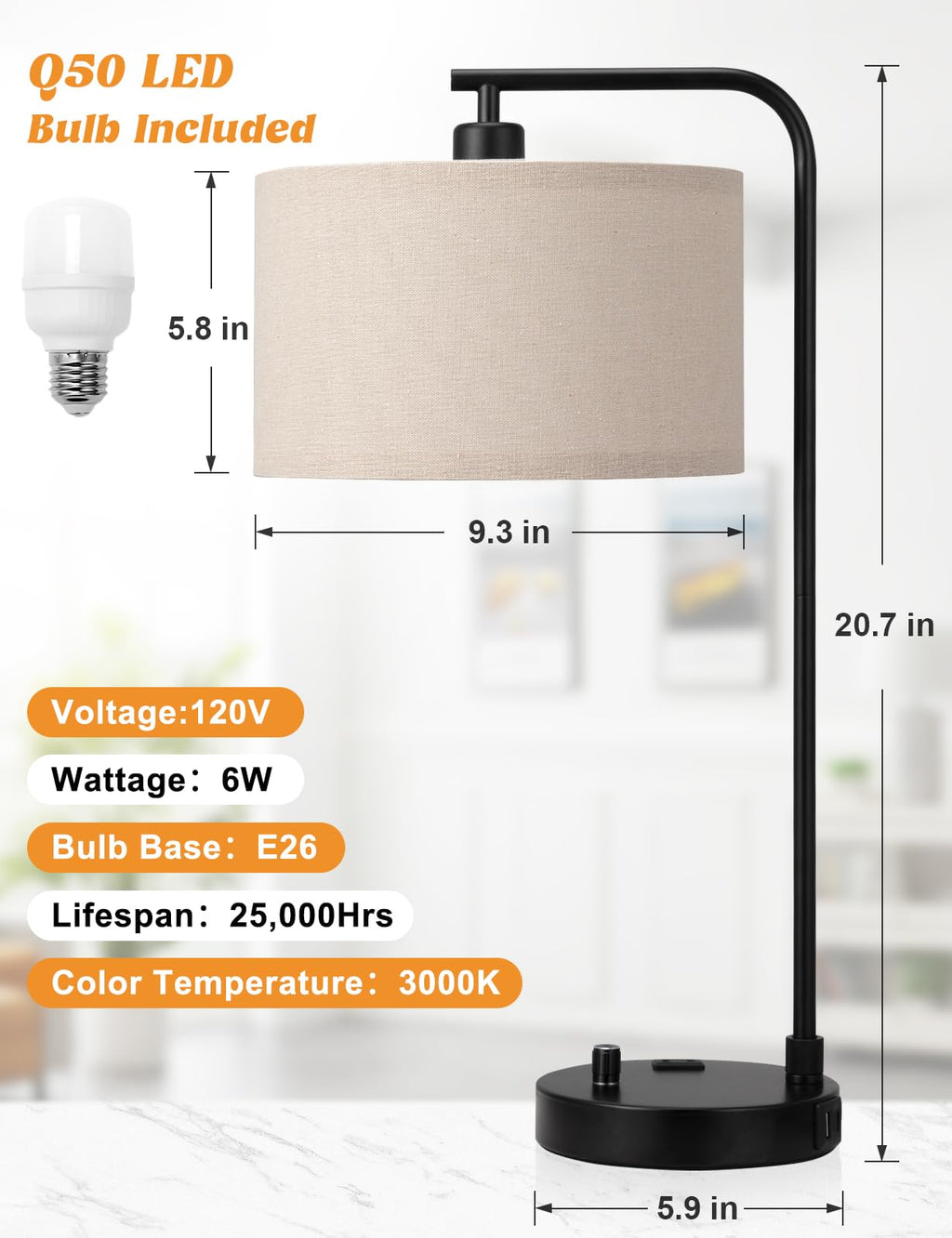 20.7-Inch Dimmable Table Lamp with USB Port & Outlet