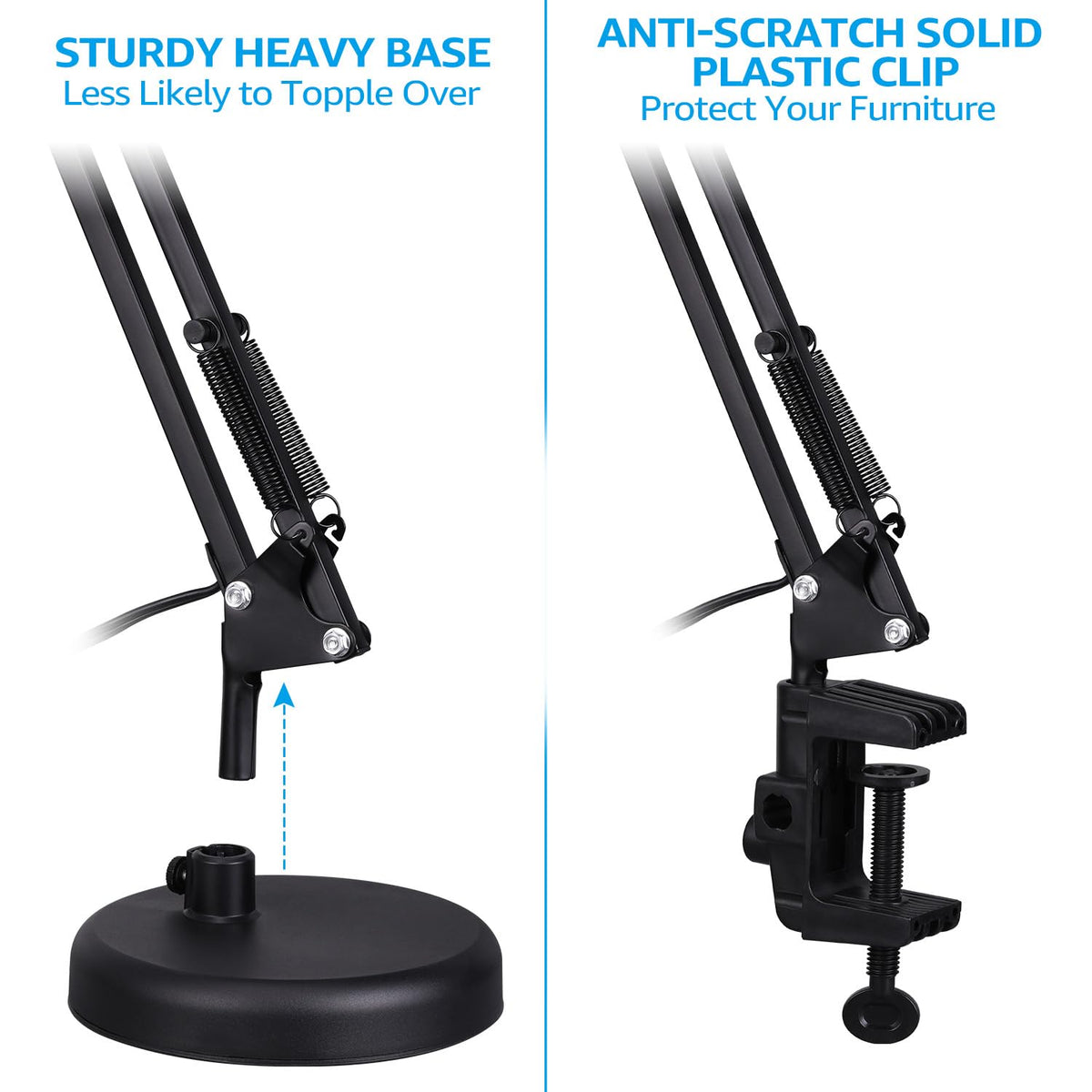 TORCHSTAR Metal Desk Lamp, Swing Arm Desk Lamp with Clamp, Adjustable Goose Neck Architect Study Table Lamp, Clip On Eye-Caring Reading Lamp for Home, Office, Multi-Joint, Black Finish