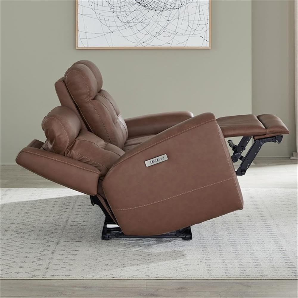 Pemberly Row Zero Gravity Power Recline Sofa Set, Faux Leather in Brown, Includes Sofa, Loveseat & Recliner, Built-in USB & Wireless Charging, Biscuit Tufted Back, Transitional Living Room Seating