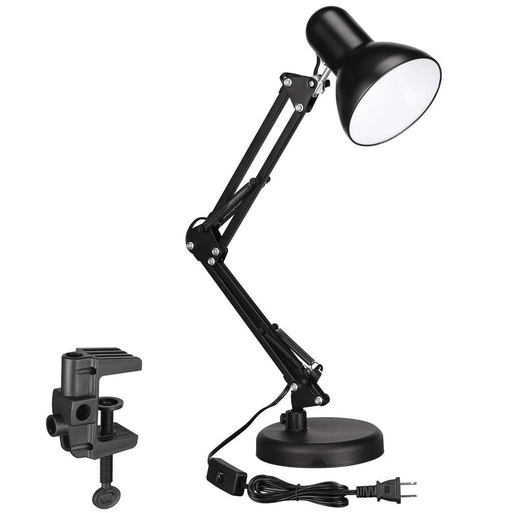 TORCHSTAR Metal Desk Lamp, Swing Arm Desk Lamp with Clamp, Adjustable Goose Neck Architect Study Table Lamp, Clip On Eye-Caring Reading Lamp for Home, Office, Multi-Joint, Black Finish