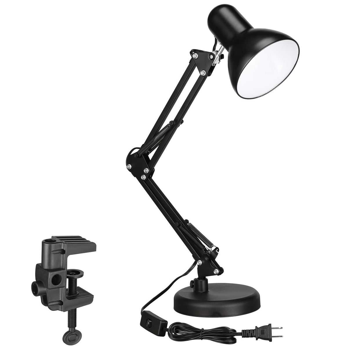 TORCHSTAR Metal Desk Lamp, Swing Arm Desk Lamp with Clamp, Adjustable Goose Neck Architect Study Table Lamp, Clip On Eye-Caring Reading Lamp for Home, Office, Multi-Joint, Black Finish