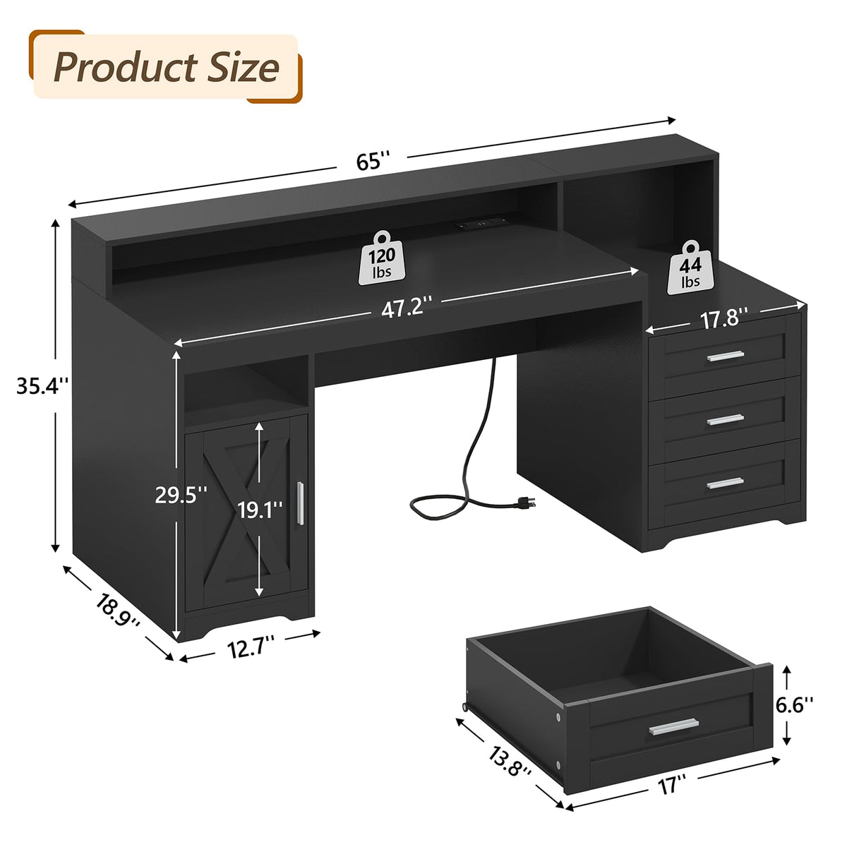 TVU Farmhouse Computer Desk with Drawers, 65'' Home Office Desk with Power Outlets, Storage Cabinet and Printer Stand, Study Writing Desks with Long Monitor Stand, White