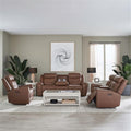 Pemberly Row Zero Gravity Power Recline Sofa Set, Faux Leather in Brown, Includes Sofa, Loveseat & Recliner, Built-in USB & Wireless Charging, Biscuit Tufted Back, Transitional Living Room Seating