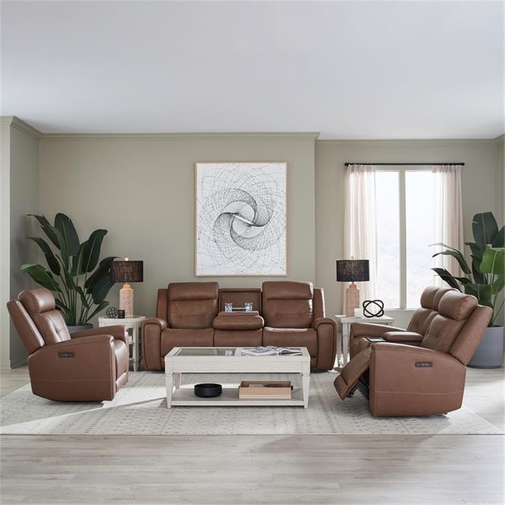 Pemberly Row Zero Gravity Power Recline Sofa Set, Faux Leather in Brown, Includes Sofa, Loveseat & Recliner, Built-in USB & Wireless Charging, Biscuit Tufted Back, Transitional Living Room Seating