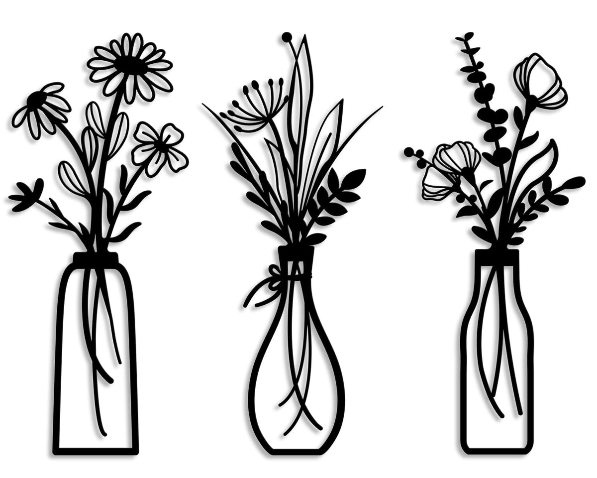 Pigort 3 Pieces Metal Flowers Wall Arts - Rustic Farmhouse Style Décor Metal Wall Art Black Minimalist Flower Natural Themed Wall Decors for Home Bedroom Dining Room Housewarming
