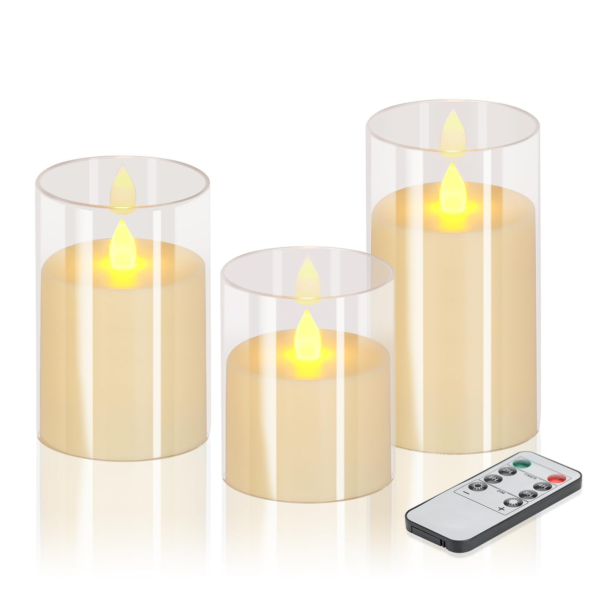 wemarry Flameless Candles 4" 5" 6" Acrylic Glass Pillars 3" Diameter Battery Operated Flickering Candles Include 8-Key Remote with Timer Function 400+ Hours