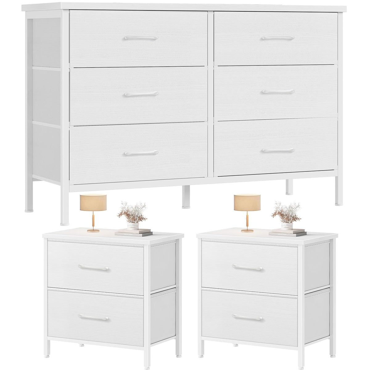 KAI-ROAD Dresser and Nightstand Set 3 Piece Dresser with 6 Fabric Drawers for Bedroom Sets Modern