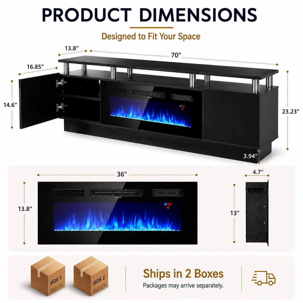 OneBlis Fireplace TV Stand, 70" Entertainment Center & Media Console, Fits TVs up to 80", Modern Living Room TV Cabinet with Storage Shelves, 36" Electric Fireplace, LED Flame