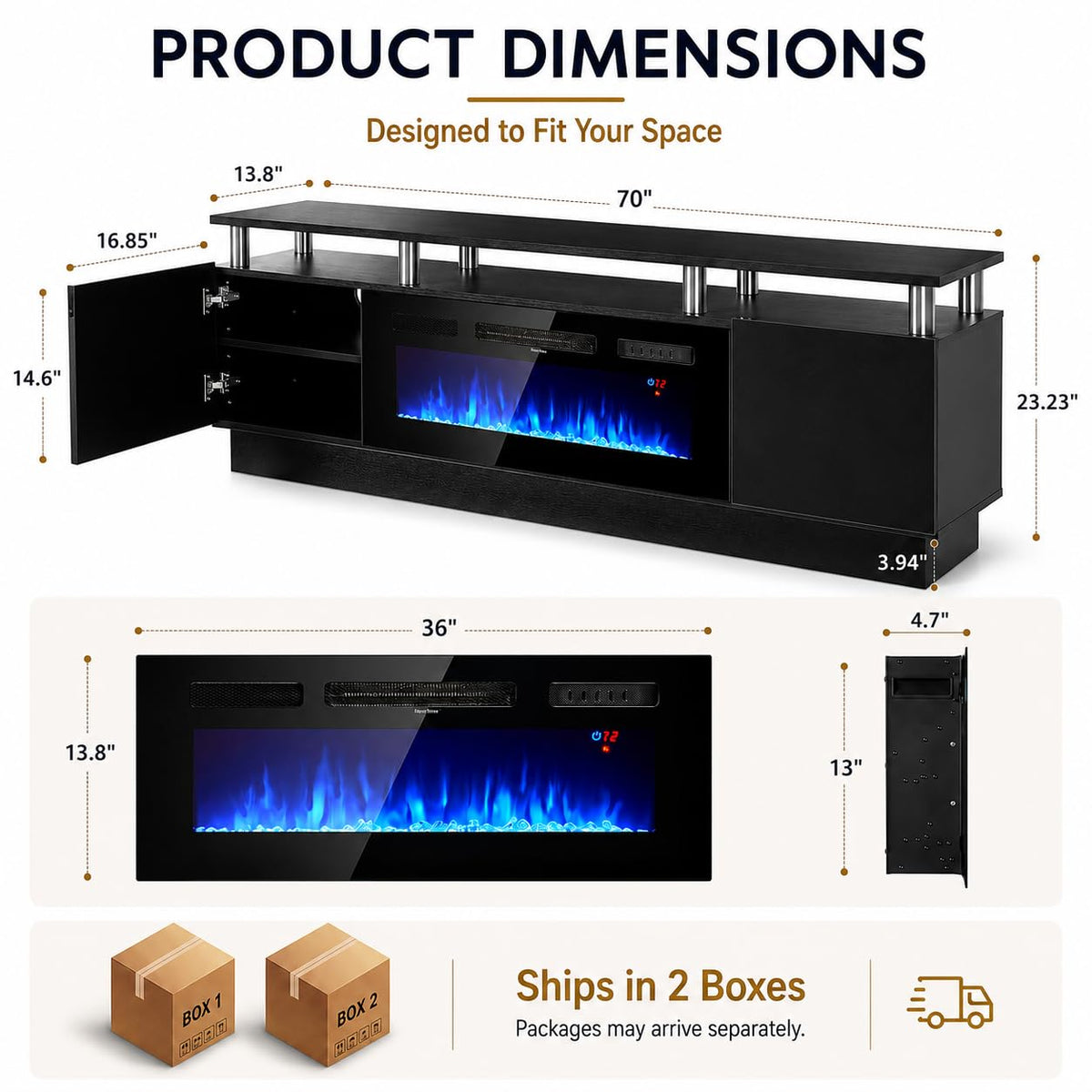 OneBlis Fireplace TV Stand, 70" Entertainment Center & Media Console, Fits TVs up to 80", Modern Living Room TV Cabinet with Storage Shelves, 36" Electric Fireplace, LED Flame