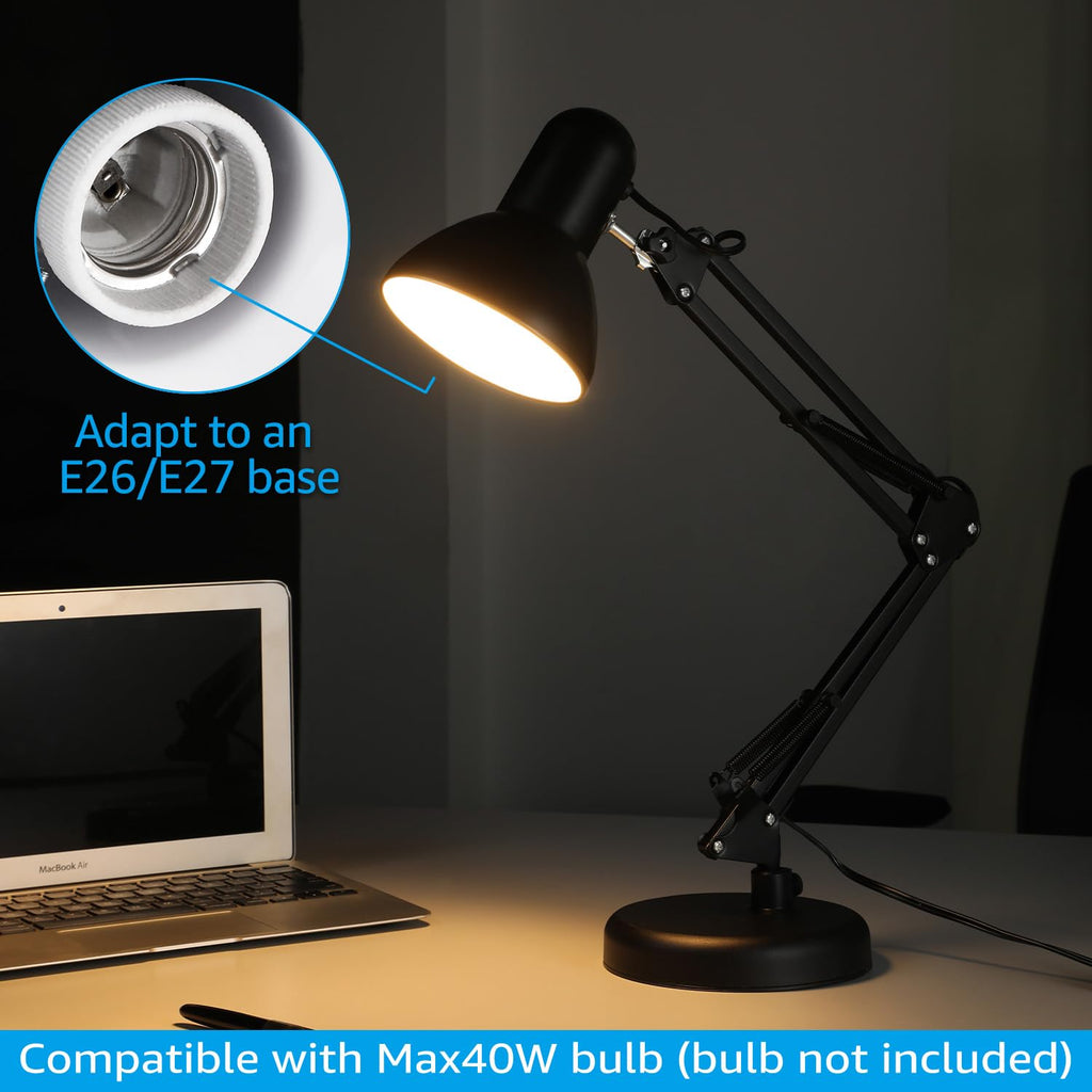 TORCHSTAR Metal Desk Lamp, Swing Arm Desk Lamp with Clamp, Adjustable Goose Neck Architect Study Table Lamp, Clip On Eye-Caring Reading Lamp for Home, Office, Multi-Joint, Black Finish
