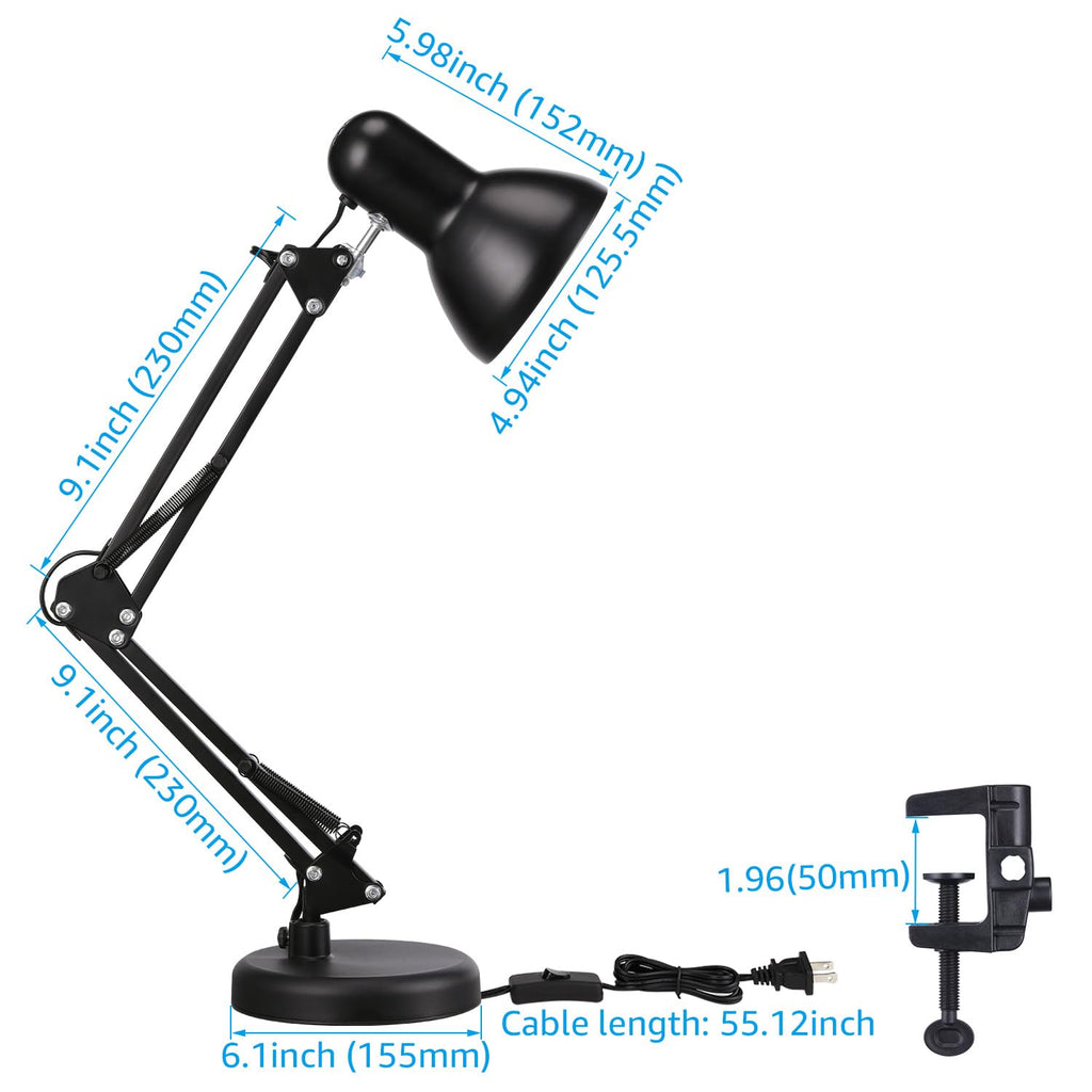 TORCHSTAR Metal Desk Lamp, Swing Arm Desk Lamp with Clamp, Adjustable Goose Neck Architect Study Table Lamp, Clip On Eye-Caring Reading Lamp for Home, Office, Multi-Joint, Black Finish