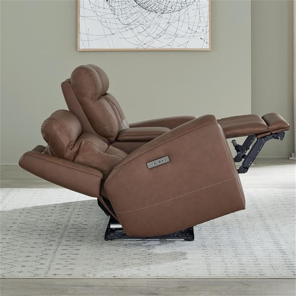 Pemberly Row Zero Gravity Power Recline Sofa Set, Faux Leather in Brown, Includes Sofa, Loveseat & Recliner, Built-in USB & Wireless Charging, Biscuit Tufted Back, Transitional Living Room Seating