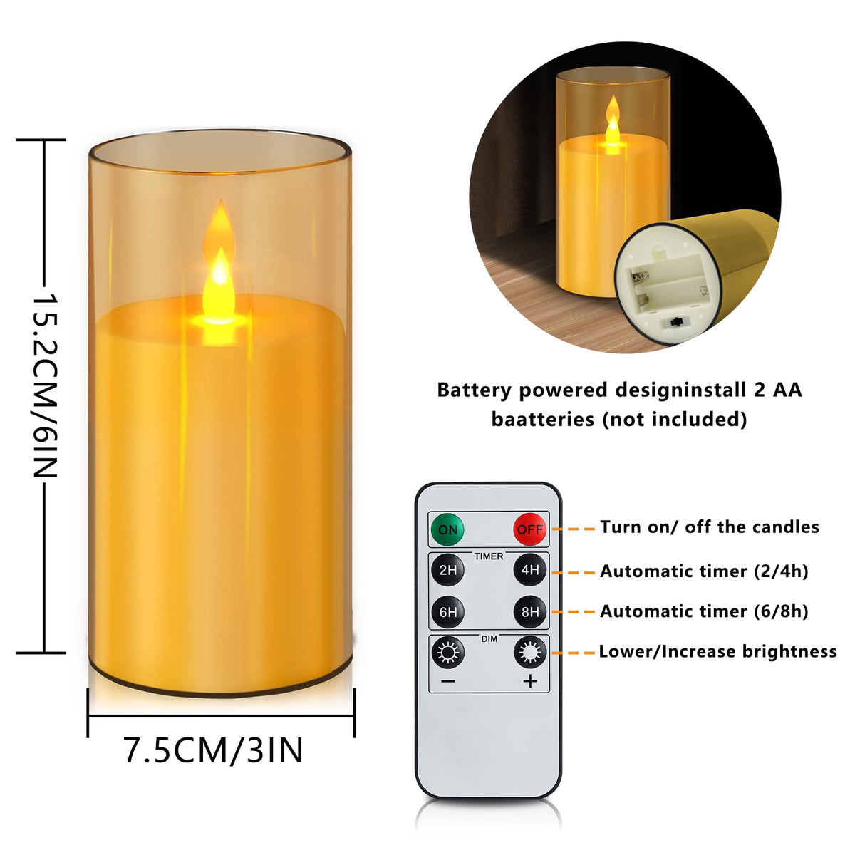 wemarry Flameless Candles 4" 5" 6" Acrylic Glass Pillars 3" Diameter Battery Operated Flickering Candles Include 8-Key Remote with Timer Function 400+ Hours