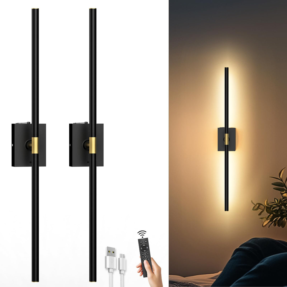 iThird Battery Operated Wall Sconces Set of 2, 10000mAh