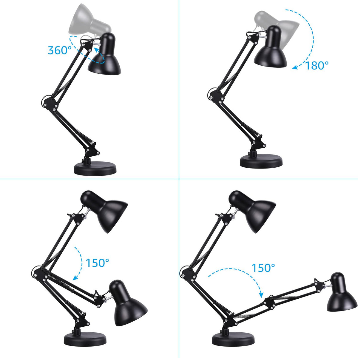 TORCHSTAR Metal Desk Lamp, Swing Arm Desk Lamp with Clamp, Adjustable Goose Neck Architect Study Table Lamp, Clip On Eye-Caring Reading Lamp for Home, Office, Multi-Joint, Black Finish