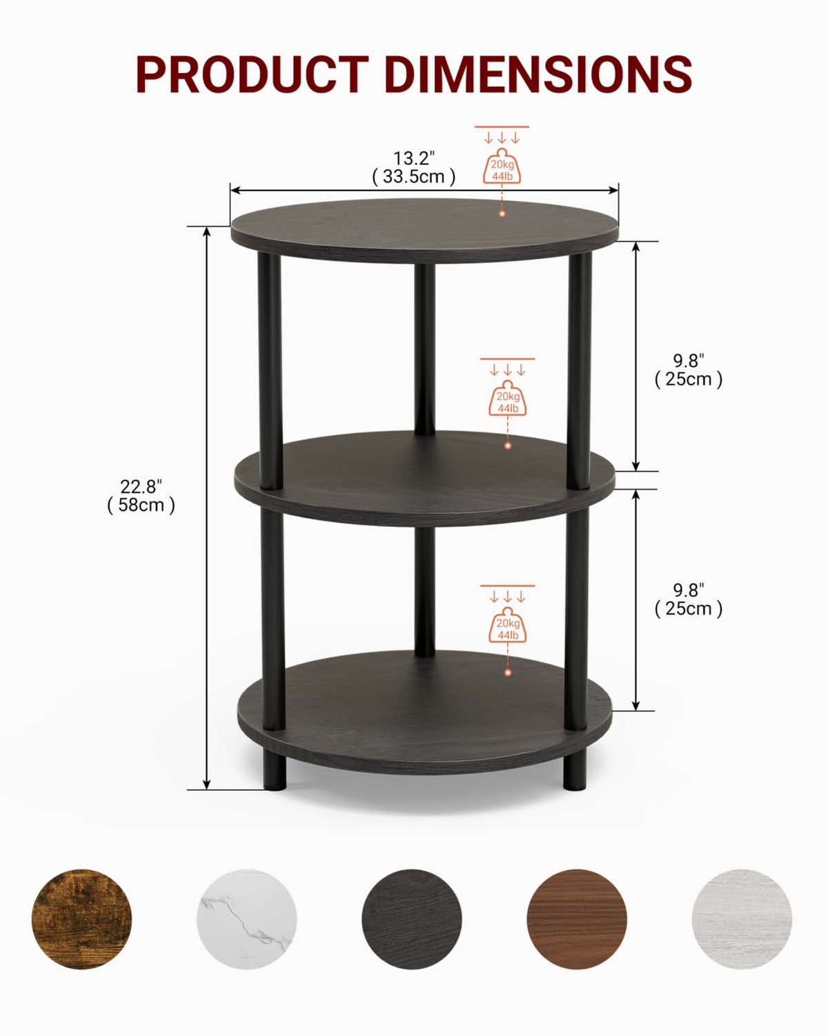XBurmo Small Round End Table - 3 Tier Design Accent Table, Narrow Side or Bedside Stand, Industrial Vintage Nightstand for Bedroom, Living Room, or Small Spaces