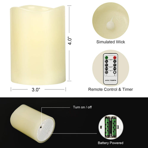 AKU TONPA Flameless Candles Battery Operated Pillar Real Wax Electric LED Candle Sets with Remote Control Cycling 24 Hours Timer, 4" 5" 6" Pack of 3