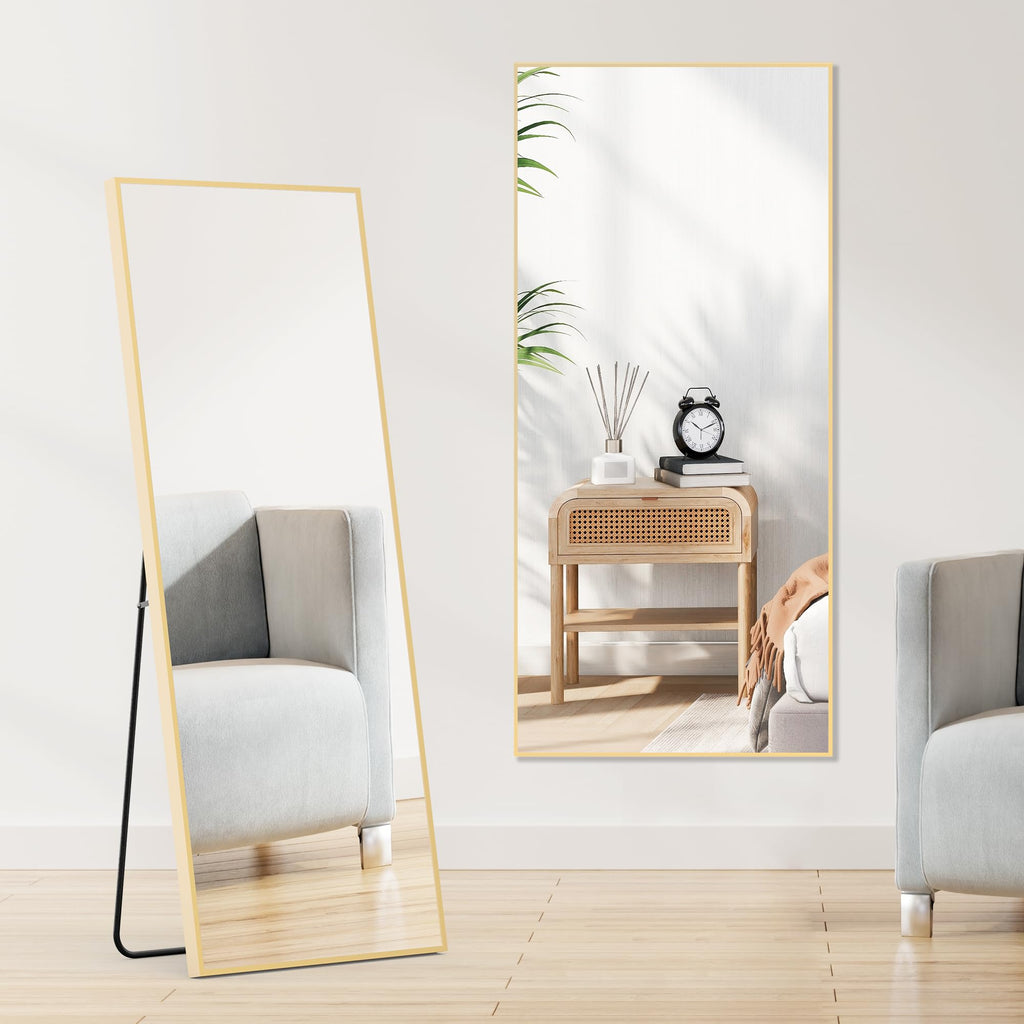 DUMOS Full Length Mirror Body Floor Mirror for Bedroom or Cloakroom, Can Stand Alone, Hang or Lean Against Wall, Tall Wall Mirror with Stand and Sleek Aluminum Alloy Thin Frame