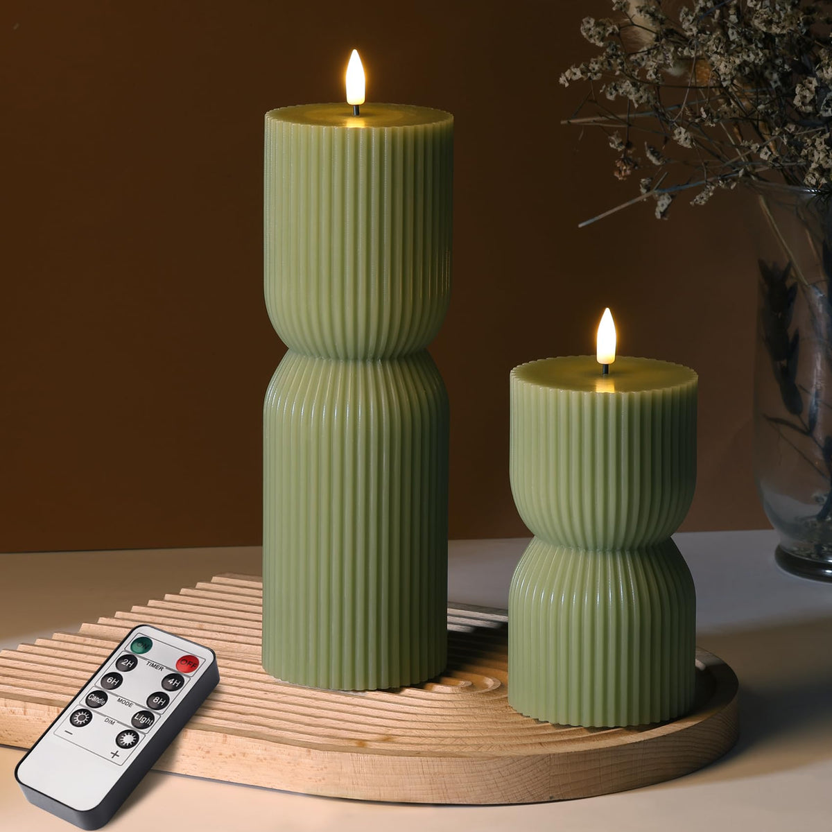 Girimax Ribbed Flameless Pillar Candles with Remote Set of 2