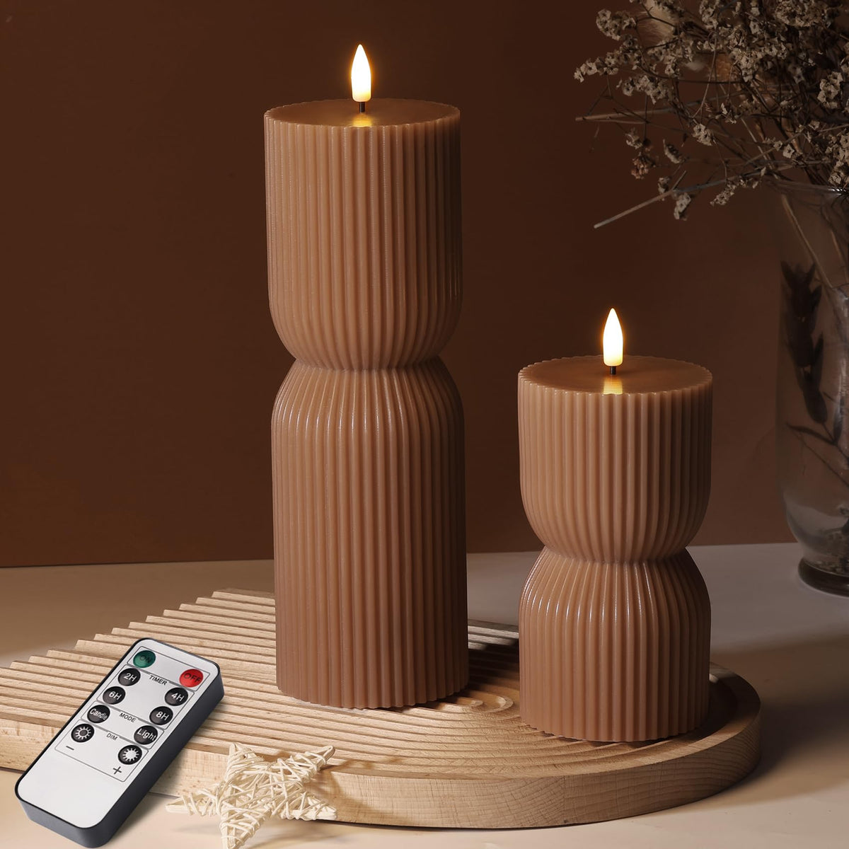 Girimax Ribbed Flameless Pillar Candles with Remote Set of 2