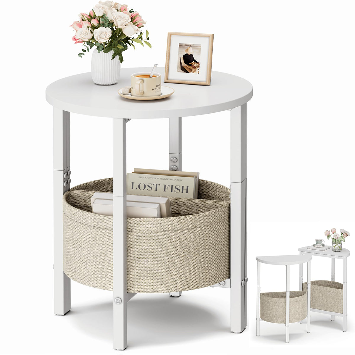 VAGUSICC Side Table, Small Round End Table with Fabric Basket, Set of 2 Half Round Side Table Half Moon Tables, Round Accent Coffee Table, Tea Sofa Table Nightstand for Living Room Bedroom Small Space
