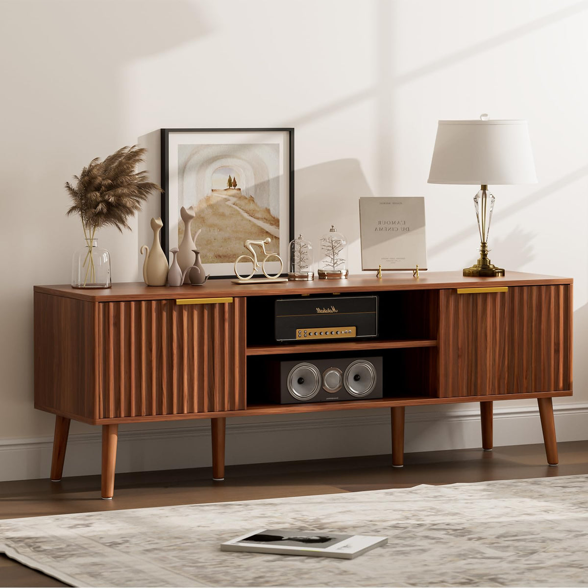 LCRBOL TV Stand for Living Room, Modern Entertainment Center for 55/60 inch TVs, TV Console with Fluted Door Cabinets and Open Shelves, for Bedroom